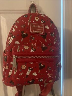 Disney Red Mini Loungefly Backpack with Holiday Snack & Mickey Print